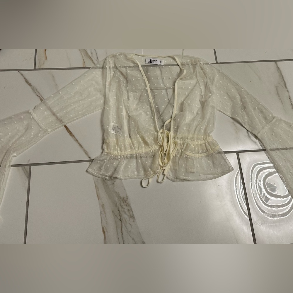 Tiger Mist Cream Sheer Swiss Dot Tie-Front Peplum Top